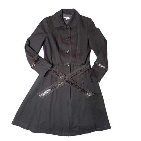 Zara Trench Coat with Peter Pan Collar & Sequin Embellishment Detail Size Large - Picture 8 of 12